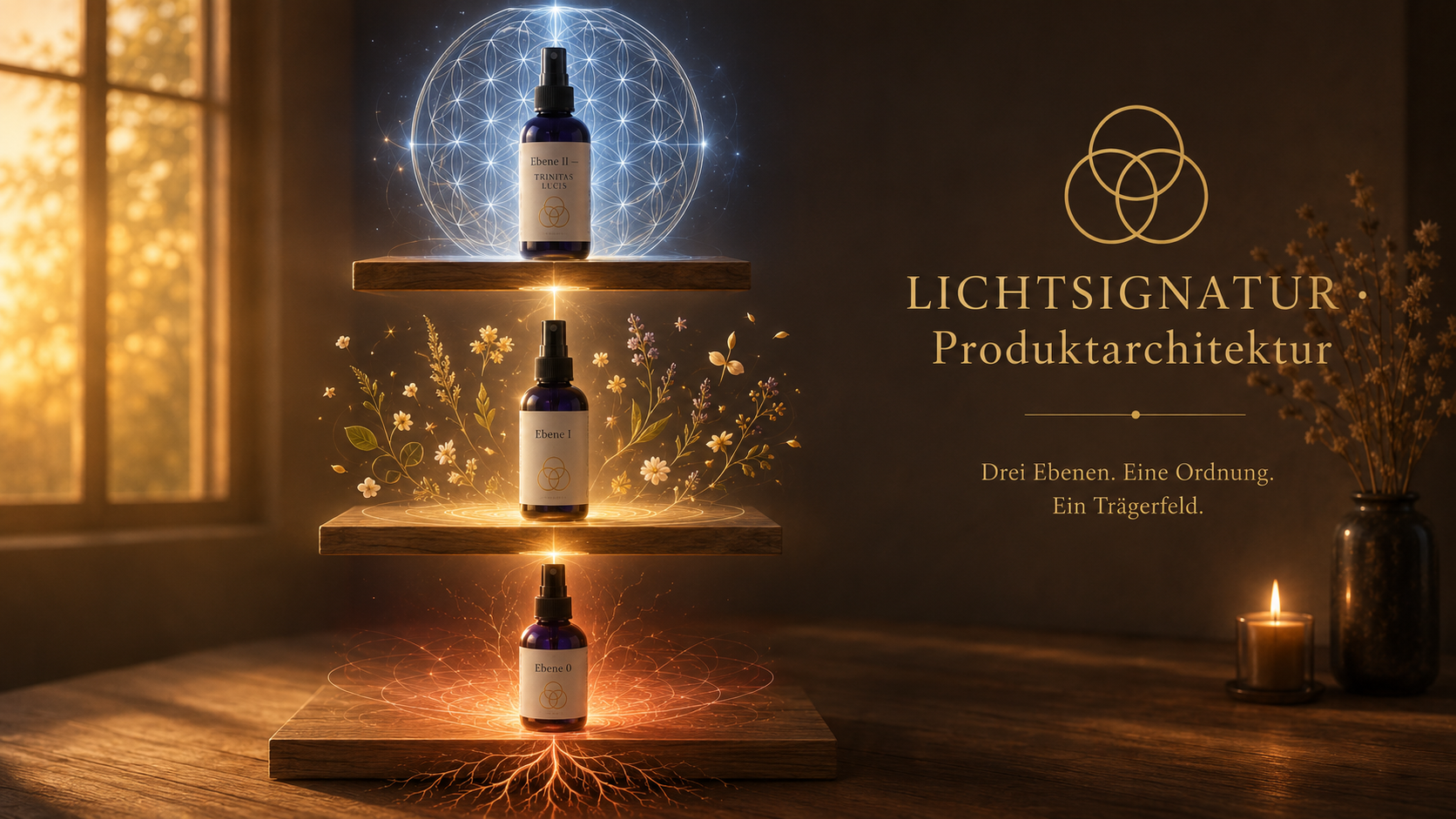 Drei übereinander aufsteigende Holzplattformen mit je einer Violettglasflasche — Ebene 0 mit Amber-Glut und Wurzeln, Ebene I mit schwebenden Botanicals, Ebene II mit Blume des Lebens. LICHTSIGNATUR Produktarchitektur von QuantumSeele.