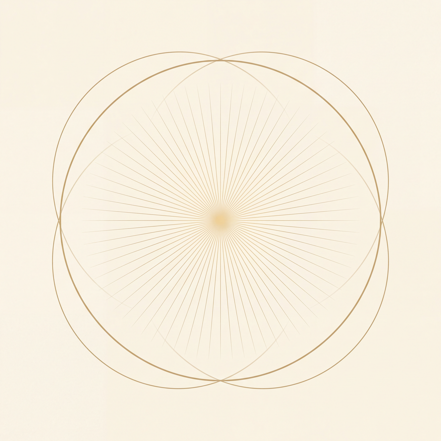Minimalistische Liniengrafik: zwei sich überschneidende goldene Kreise bilden eine Vesica-Piscis-Form, aus deren Zentrum feine goldene Lichtstrahlen ausgehen, auf elfenbeinfarbenem Hintergrund