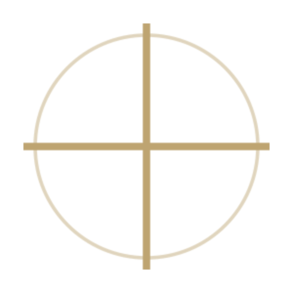 Goldenes Kreissymbol mit horizontaler und vertikaler Achse als Zeichen für Ordnung, Ausrichtung und innere Balance auf transparentem Hintergrund.