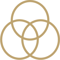 Minimalistisches Signet aus drei ineinandergreifenden goldenen Kreisen, oben ein Kreis, darunter zwei, auf hellgrauem Hintergrund.