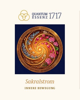 Etikett-Vorderseite LICHTSIGNATUR Sakralstrom – Doppelspirale mit Rose, Salbei und Neroli im Goldkreis auf Indigo.