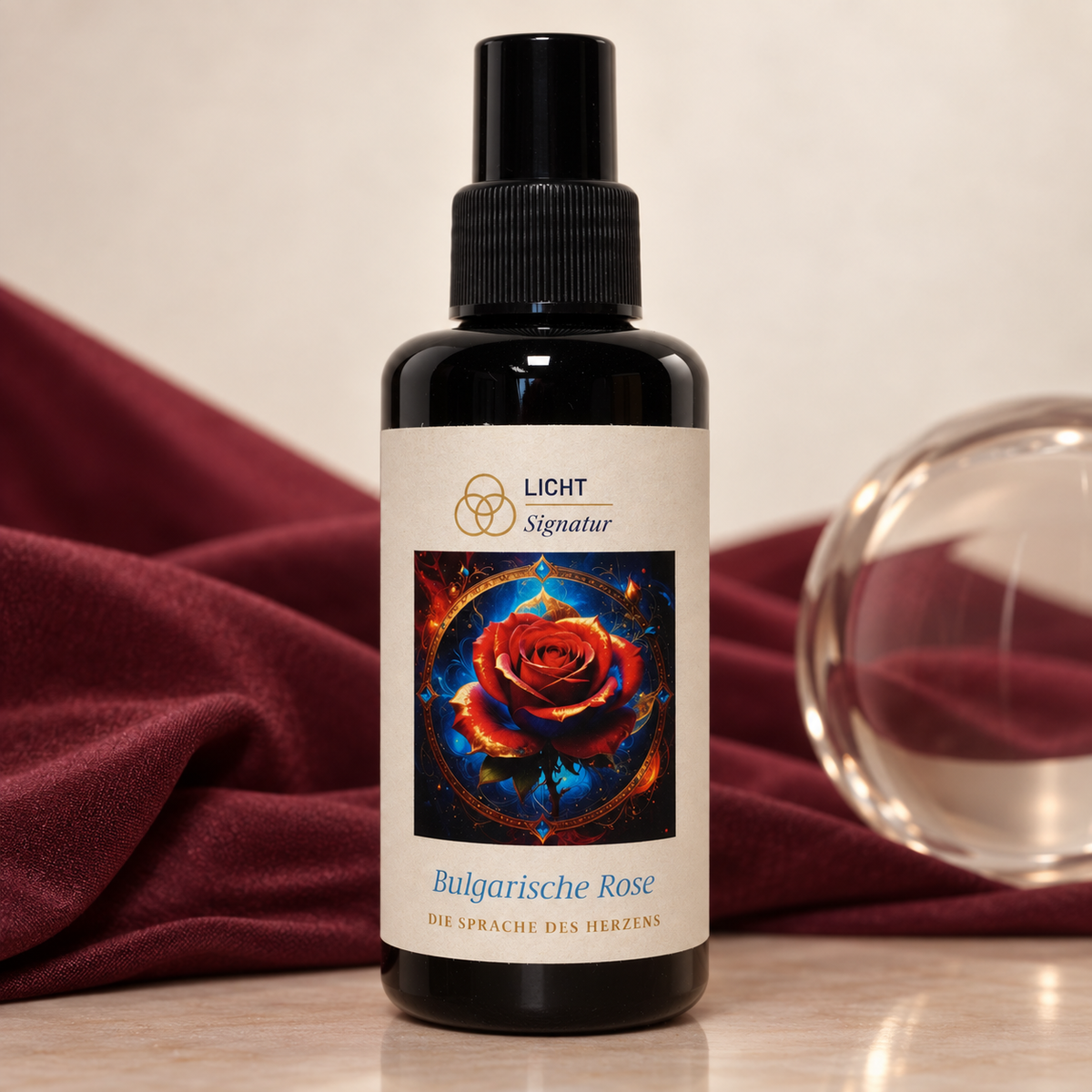 LichtSignatur Bulgarische Rose Spray vor bordeauxfarbenem Stoff neben einem runden Glasobjekt.
