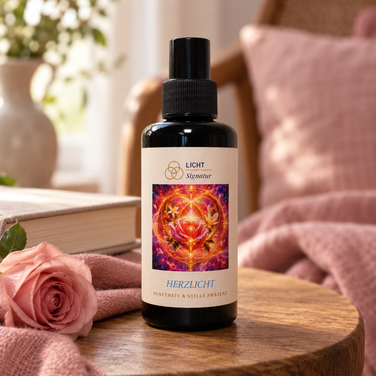 LichtSignatur Herzlicht Spray auf einem Holztisch neben Buch und rosa Rose an einem Leseplatz.