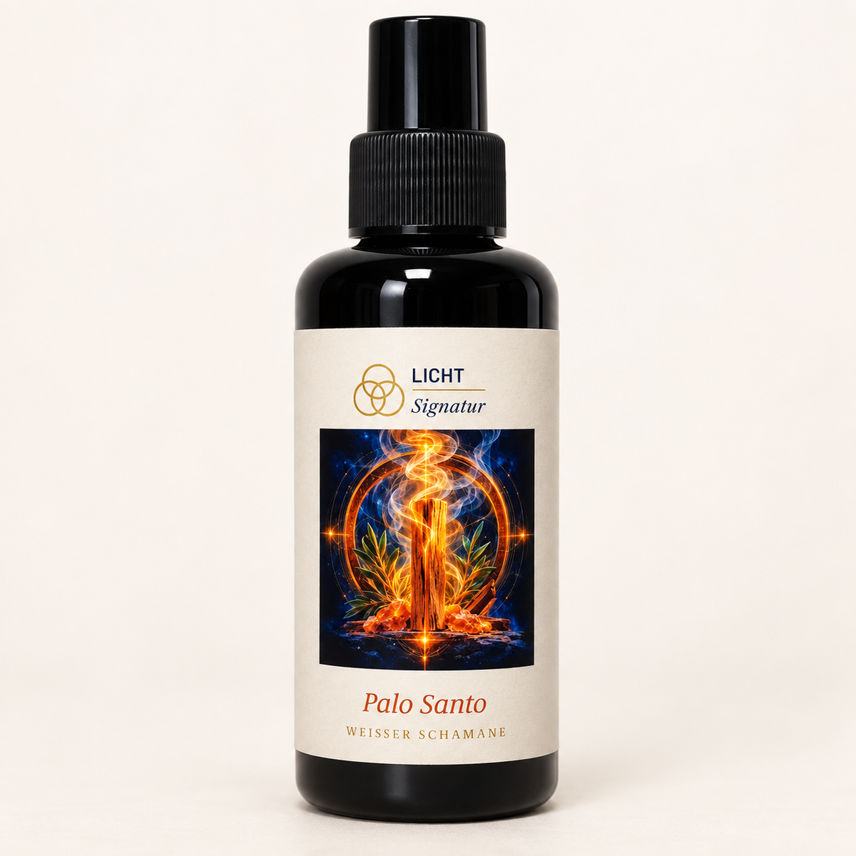 LichtSignatur Palo Santo Spray in violetter Flasche mit farbigem Etikett vor elfenbeinfarbenem Hintergrund.