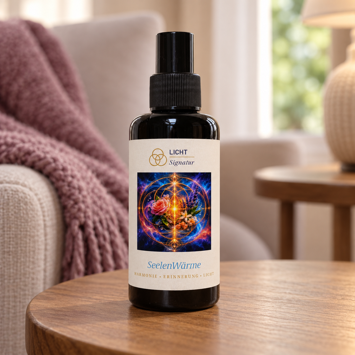 LichtSignatur SeelenWärme Spray auf einem Holztisch vor einem hellen Sessel mit mauvefarbener Decke.