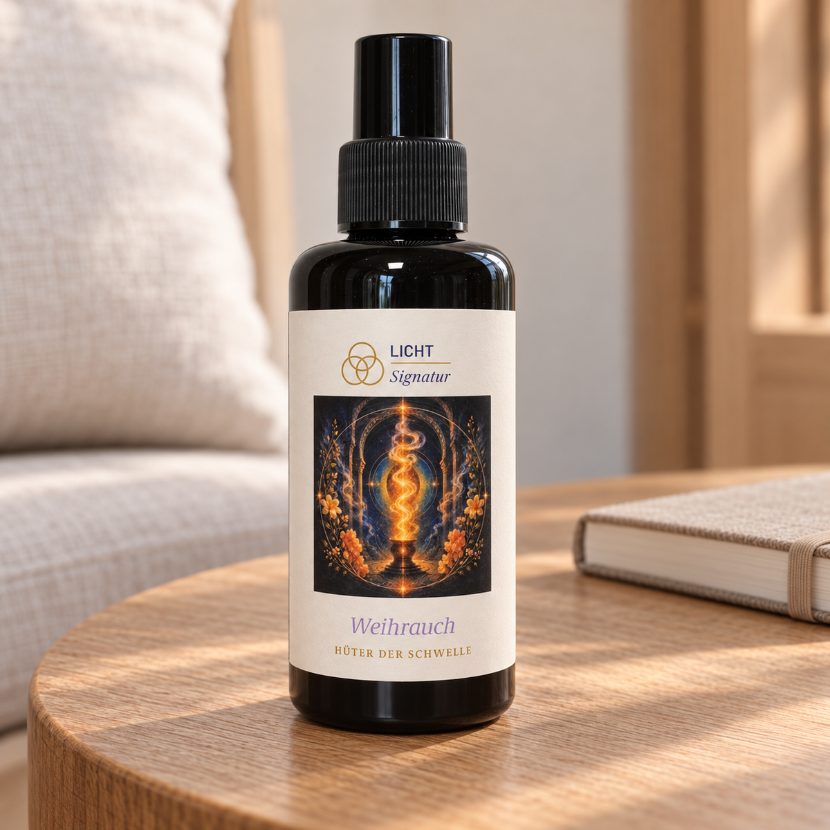 LichtSignatur Weihrauch Spray auf einem runden Holztisch neben einem beigefarbenen Journal und einem hellen Sitzplatz.