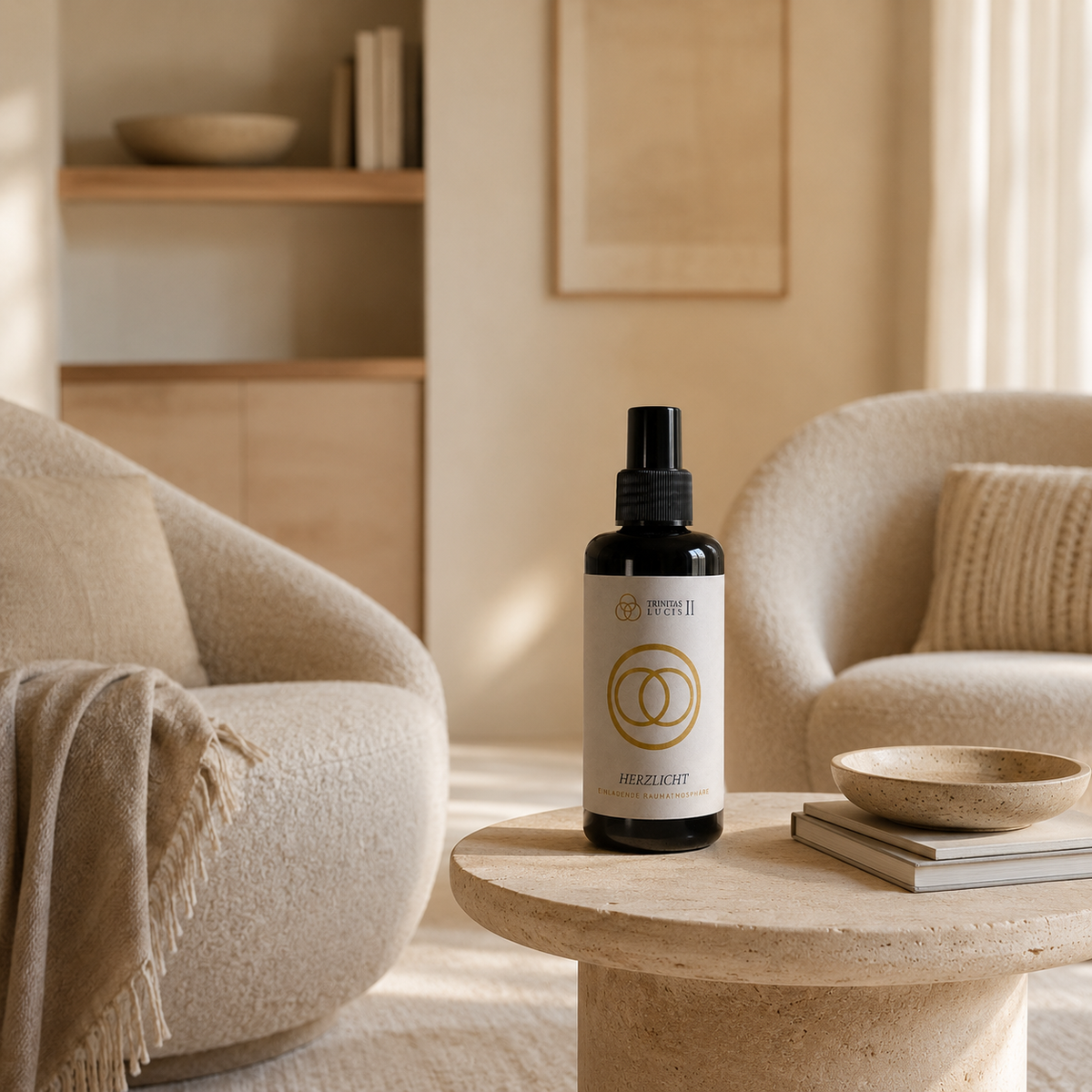Raumkompositionsspray Herzlicht auf einem runden Natursteintisch zwischen zwei hellen Sesseln im Wohnraum