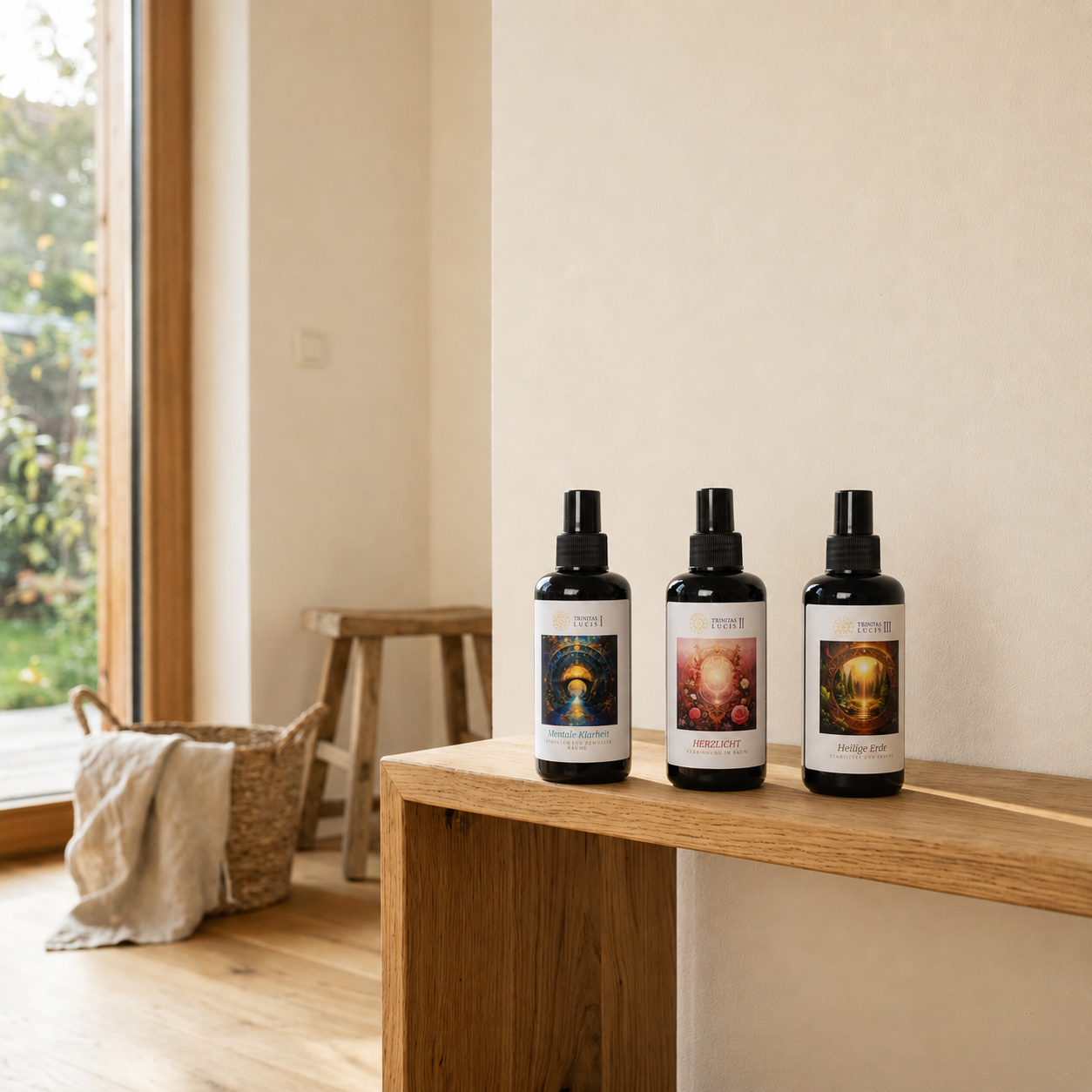 TRINITAS LUCIS I, II und III – Drei Raumkompositionen von QuantumSeele auf einem Holztisch. Mentale Klarheit, Herzlicht und Heilige Erde. Handgefertigt in Deutschland, 120ml Violettglas.