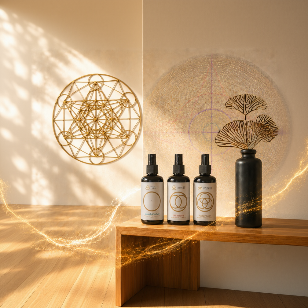 Drei TRINITAS LUCIS Raumsprays auf einer Holzbank in einem warmen, sonnendurchfluteten Raum mit goldener Geometrie, Lichtspuren und ruhiger Raumarchitektur.