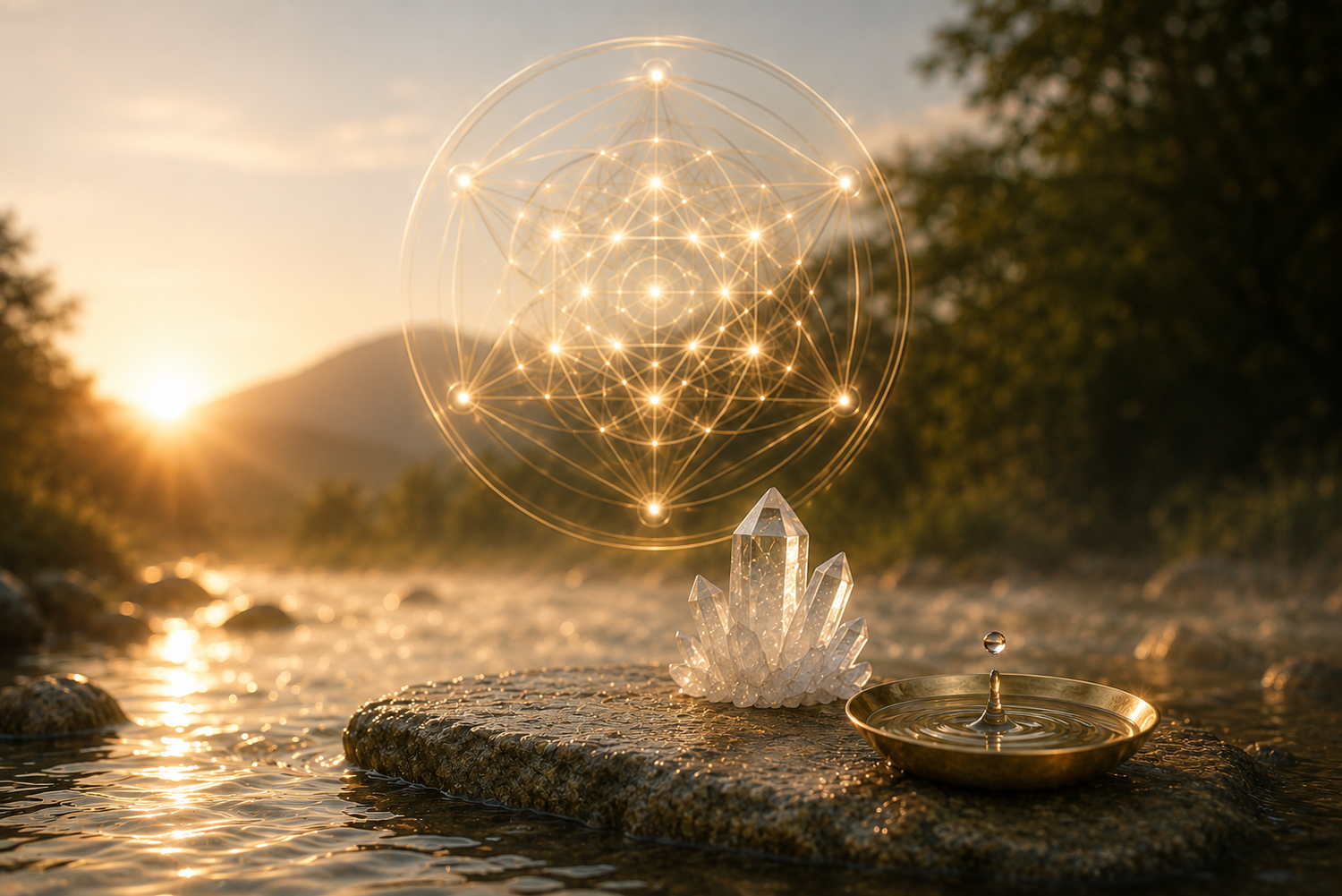 Goldenes Abendlicht über fließendem Wasser mit Kristallgruppe, Wasserschale und leuchtender geometrischer Lichtstruktur als Symbol für QuantumWasser 1717 als Trägerfeld aller Kompositionen.