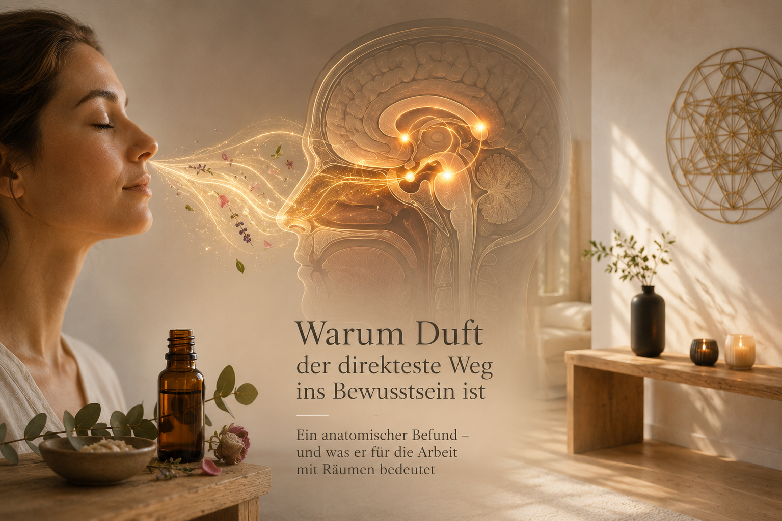 Frau nimmt bewusst einen Duft wahr, während goldene Duftlinien den direkten Weg von der Nase zum Gehirn und zum Bewusstsein visualisieren.