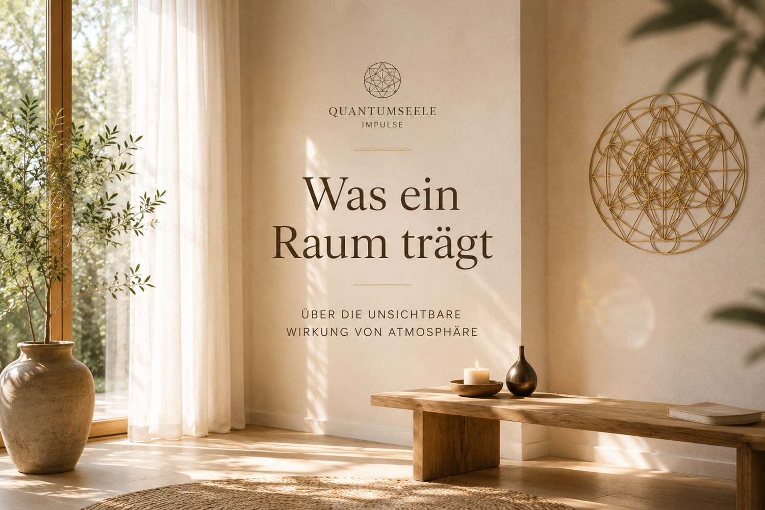 Ruhiger, sonnendurchfluteter Innenraum mit Holzbank, Pflanzen, Kerze und goldener Wandgeometrie als Sinnbild für die unsichtbare Wirkung von Atmosphäre.
