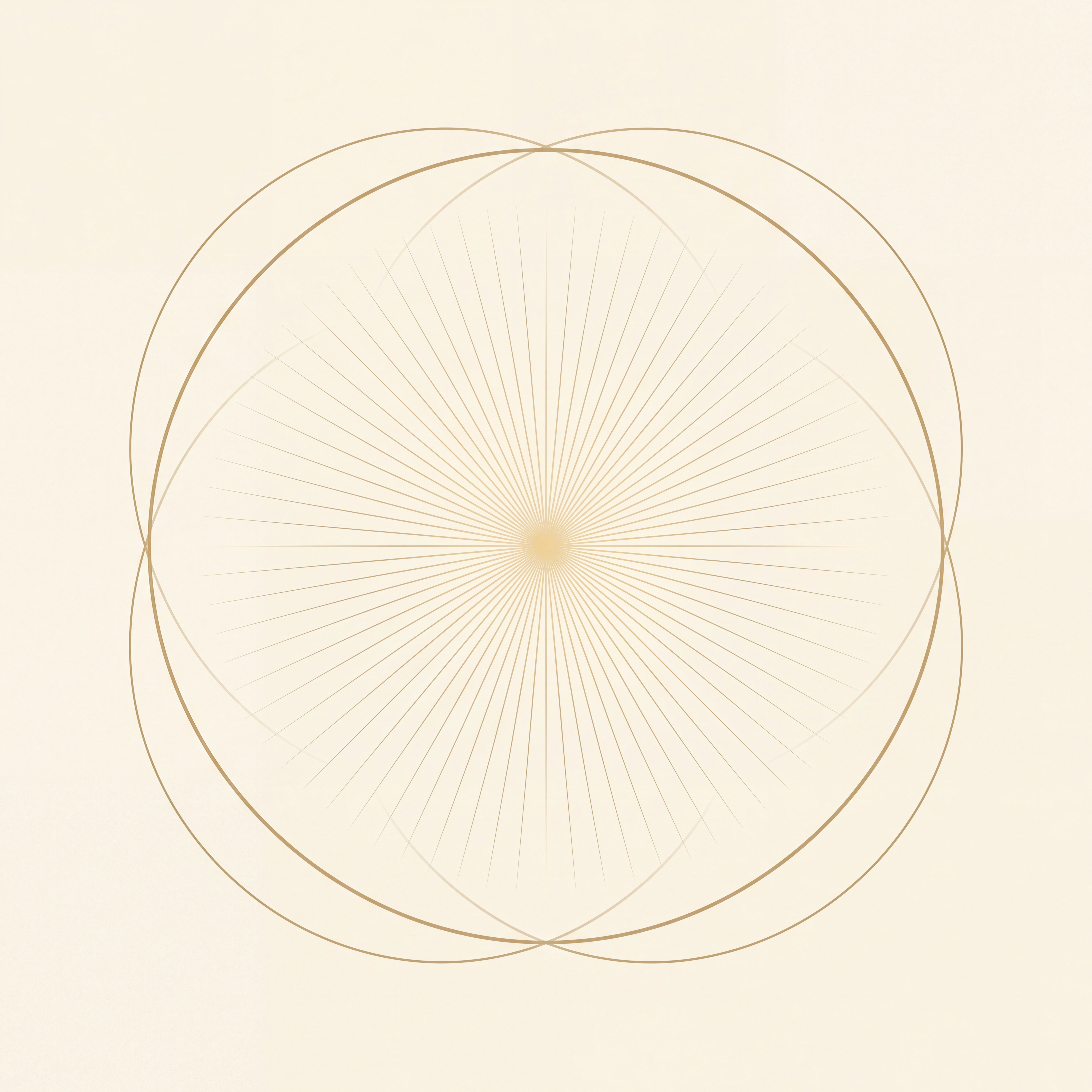 Minimalistische Liniengrafik: zwei sich überschneidende goldene Kreise  bilden eine Vesica-Piscis-Form, aus deren Zentrum feine goldene  Lichtstrahlen ausgehen, auf elfenbeinfarbenem Hintergrund