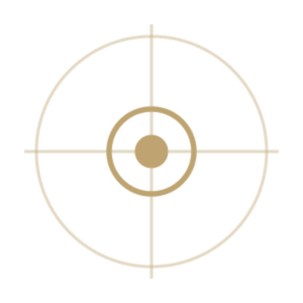 Goldenes Kreissymbol mit zentralem Punkt, innerem Ring und Kreuzachse als Zeichen für Mitte, Ausrichtung und bewusste Zentrierung auf transparentem Hintergrund.