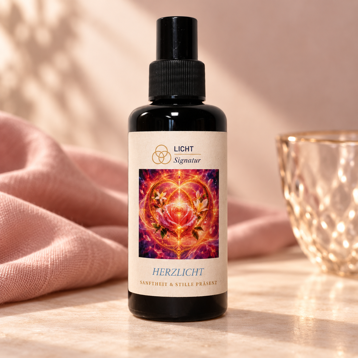 LichtSignatur Herzlicht Spray vor roséfarbenem Stoff neben einem Glasobjekt im warmen Licht.