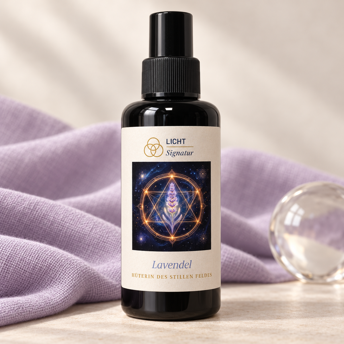 LichtSignatur Lavendel Spray vor hellviolettem Leinen neben einer klaren Glaskugel.