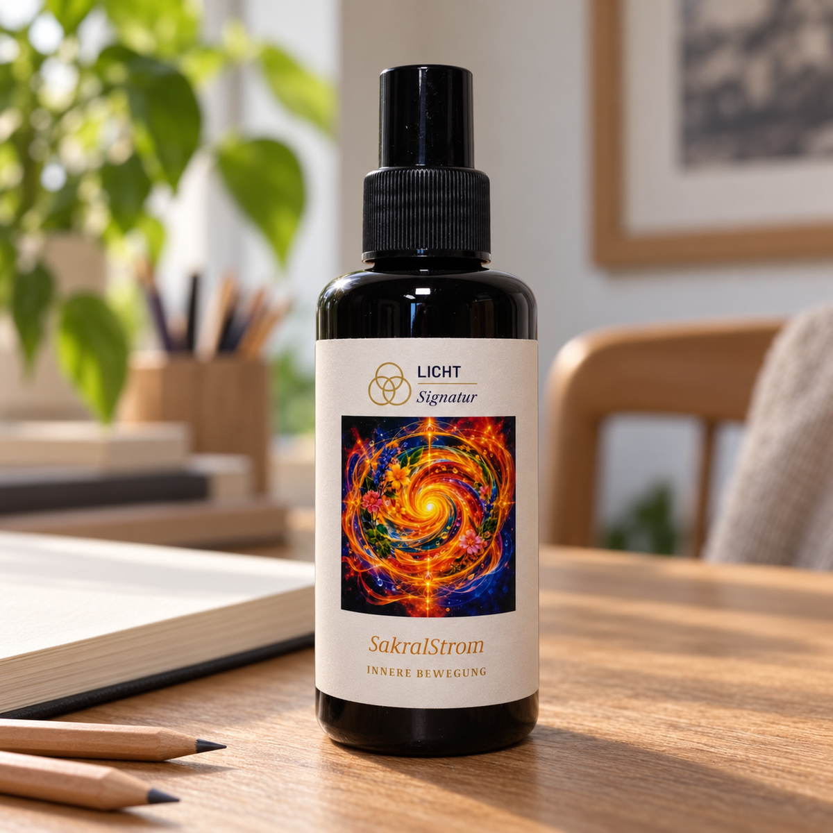 LichtSignatur SakralStrom Spray auf einem Holzschreibtisch neben offenem Skizzenbuch und Bleistiften.