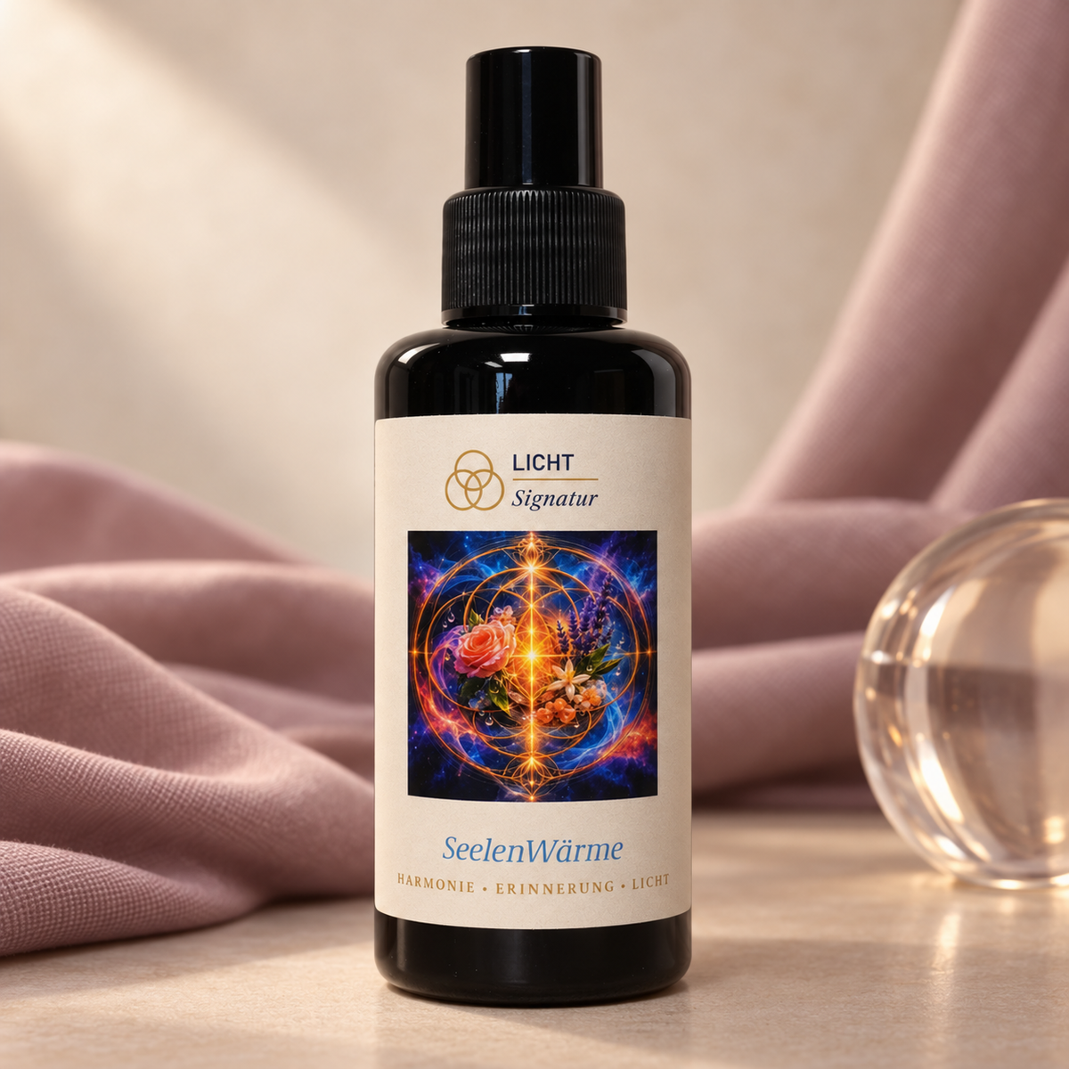 LichtSignatur SeelenWärme Spray vor mauvefarbenem Stoff neben einem runden Glasobjekt.